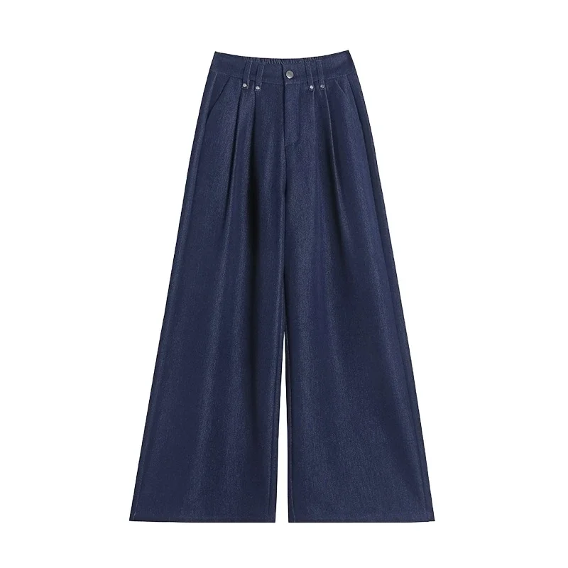 2025 Autumn Denim Blue High - waisted Wide - leg Pants for Women