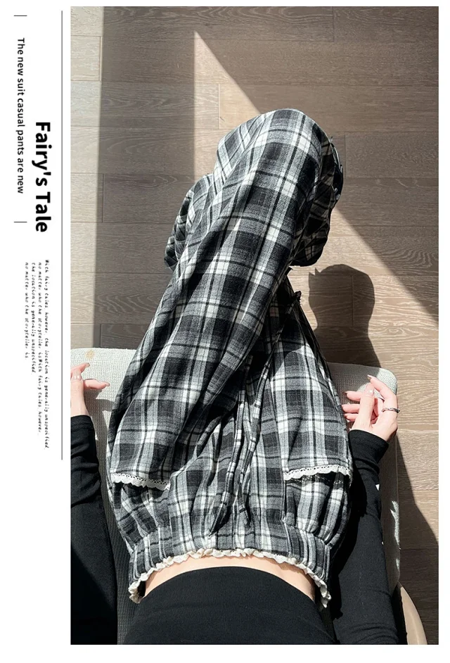 Lace Trim Plaid Wide-Leg Pants 2025 Fall Detail
