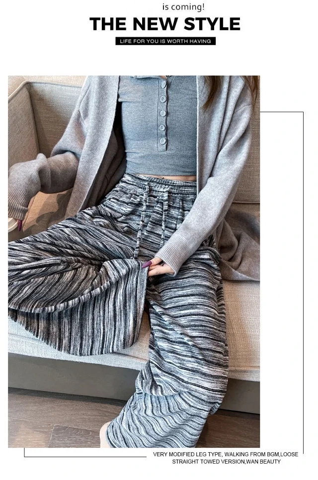 Autumn Winter New Lazy Snowflake Striped High - Waisted Wide - Leg Pants Detail