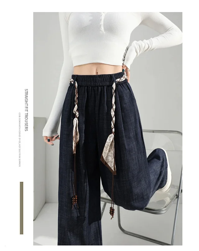Women's 2025 Early Autumn Silk Scarf Tie Wide-Leg Pants Detail