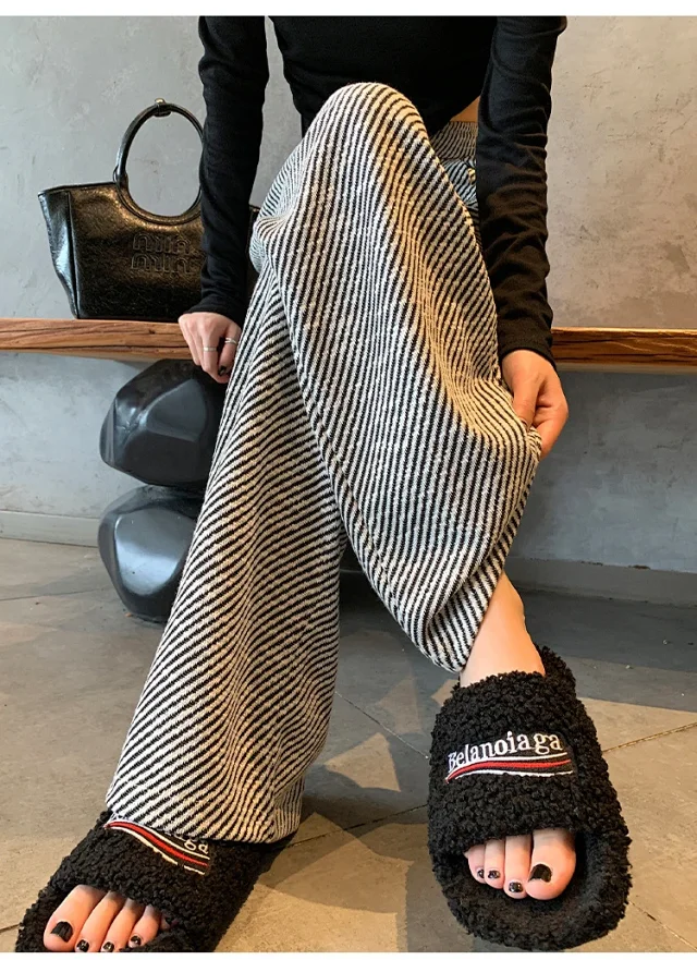 Shiny Striped Wide-Leg Pants for Women Detail