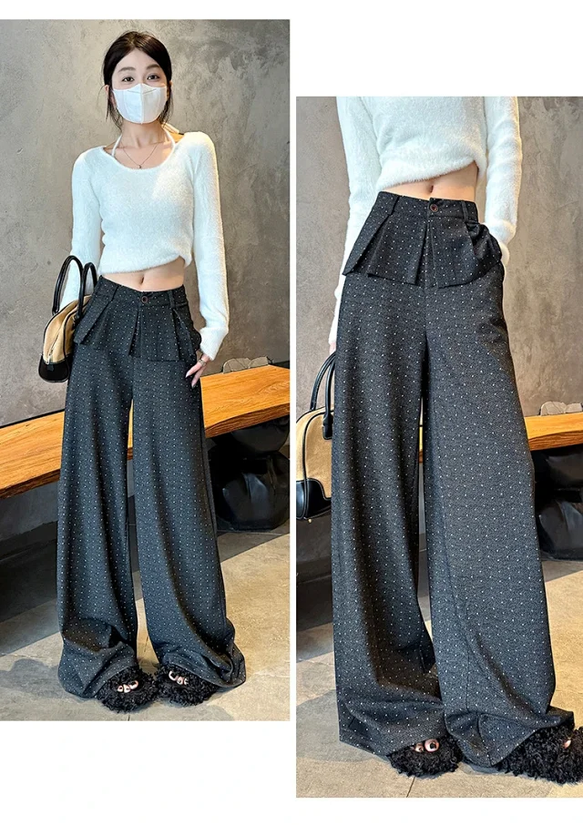 2025 AW Korean Ins Woolen Polka Dot Wide-Leg Pants Detail