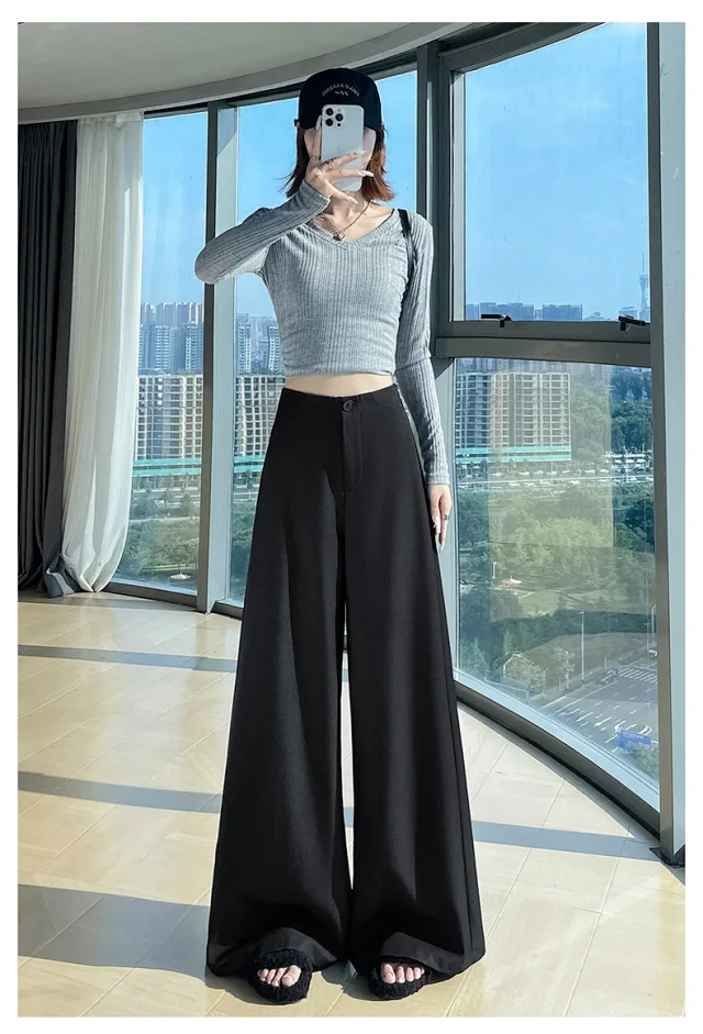 Women's 2025 Autumn Gray Wide - leg Pants Detail