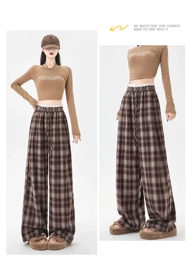 Lace Trimmed Plaid Wide-Leg Pants for Women Detail