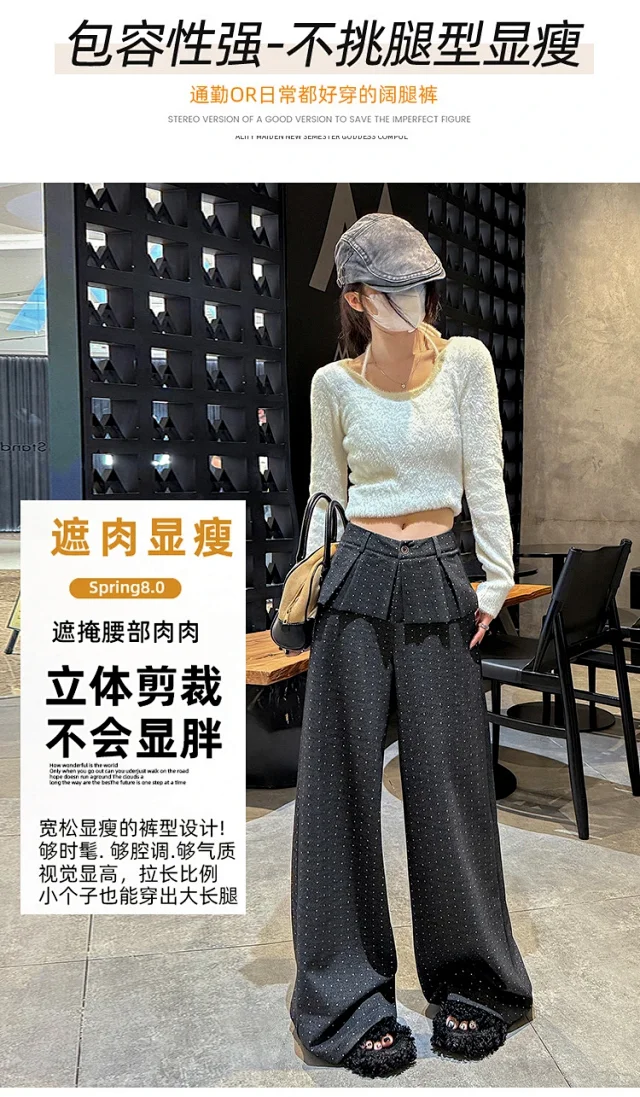 2025 AW Korean Ins Woolen Polka Dot Wide-Leg Pants Detail