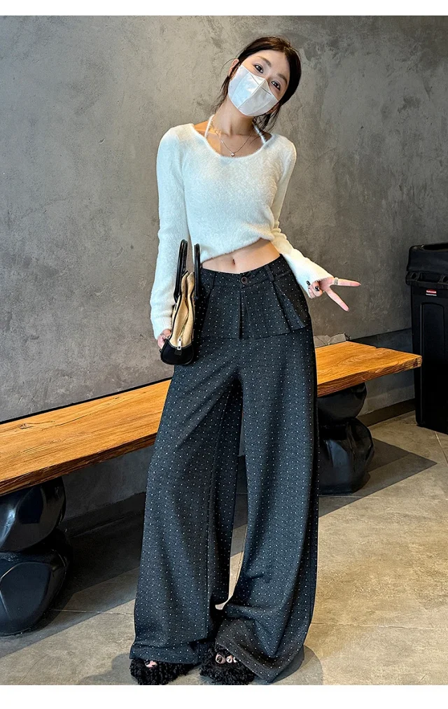 2025 AW Korean Ins Woolen Polka Dot Wide-Leg Pants Detail