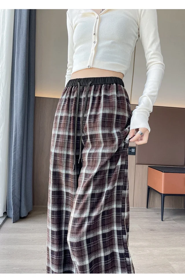 Women's Vintage Plaid Loose High-Waist Pants Detail