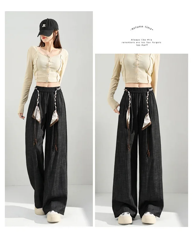 Women's 2025 Early Autumn Silk Scarf Tie Wide-Leg Pants Detail