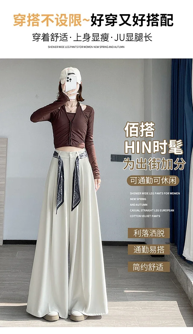 2025 New Women's Silk Belt Drapey Wide - Leg Pants Detail