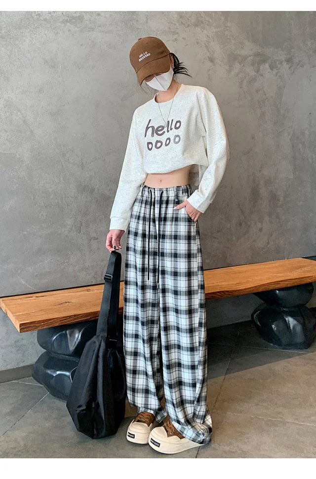 Women's 2025 Fall High-Waist Drawstring Plaid Pants Detail