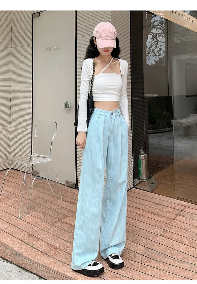 2025 Blue Striped Wide-Leg Pants for Pear-shaped Women Detail