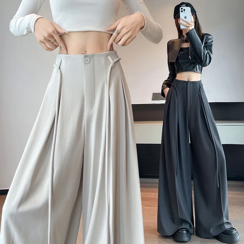 Ice Silk Drawstring Wide-Leg Pants