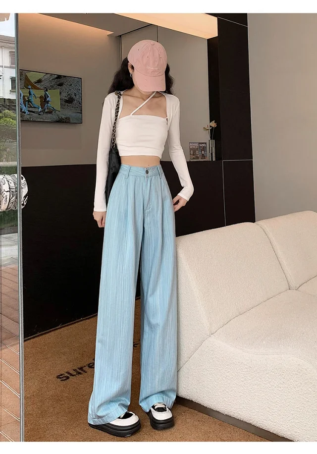 2025 Blue Striped Wide-Leg Pants for Pear-shaped Women Detail