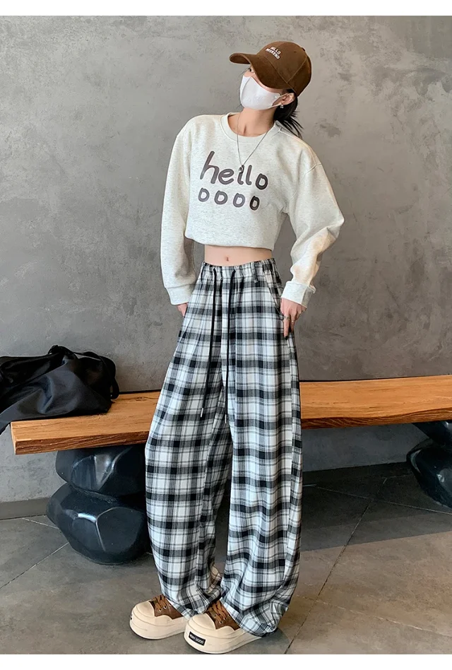 Women's 2025 Fall High-Waist Drawstring Plaid Pants Detail
