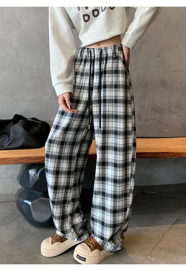 Women's 2025 Fall High-Waist Drawstring Plaid Pants Detail