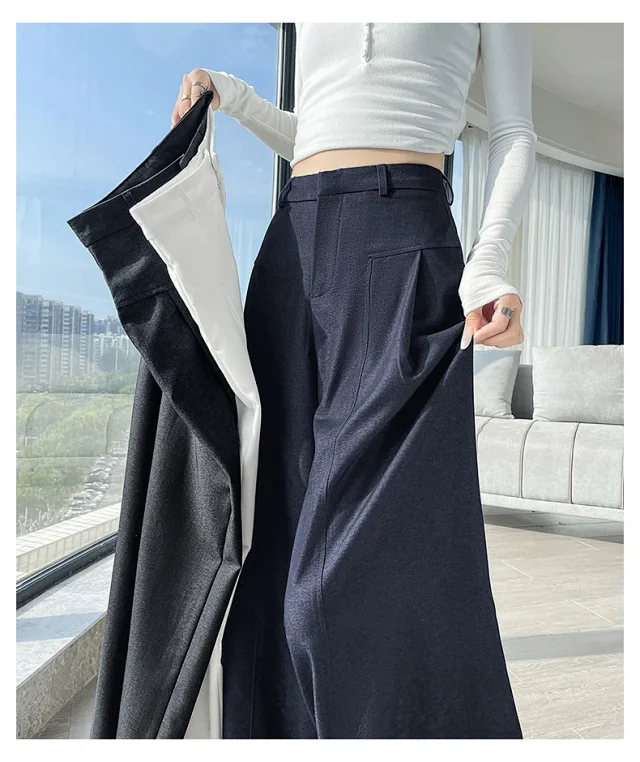 2025 Fall Old Money Style Navy Faux Denim Wide-Leg Pants for Women Detail