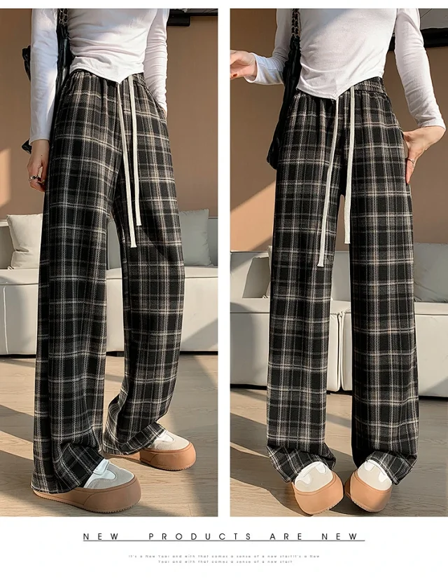 2025 Spring Maillard Plaid Wide-Leg Pants Detail