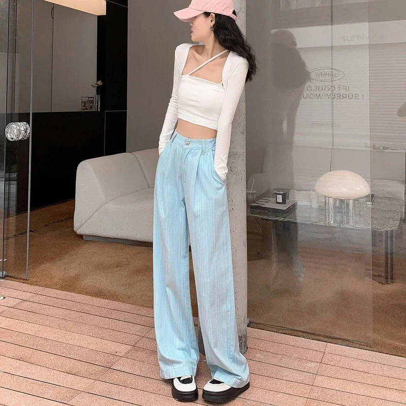 2025 Blue Striped Wide-Leg Pants for Pear-shaped Women