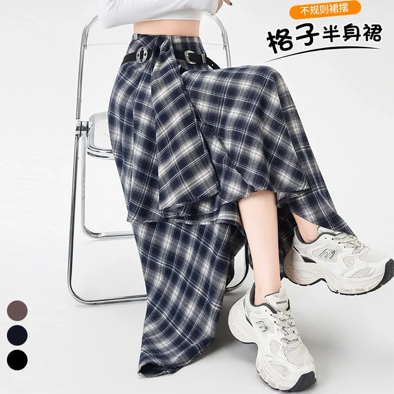 2025 Fall New Korean Black Plaid Irregular High-Waist Midi Skirt for Petite Cuties