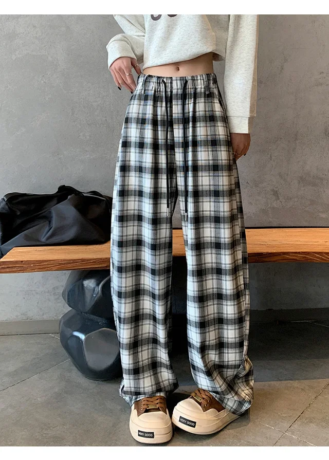 Women's 2025 Fall High-Waist Drawstring Plaid Pants Detail