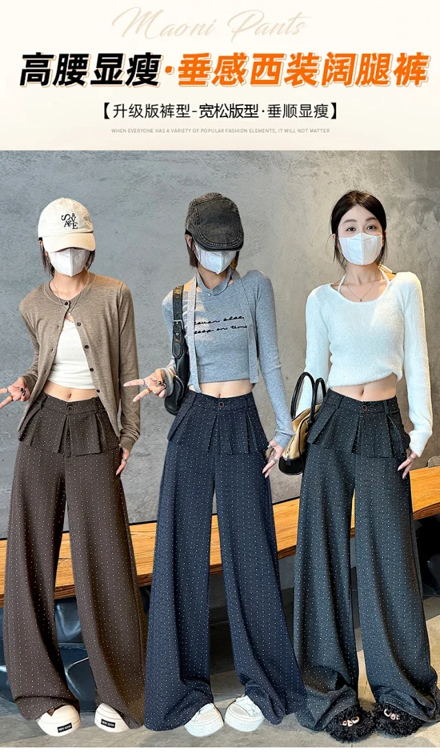 2025 AW Korean Ins Woolen Polka Dot Wide-Leg Pants Detail