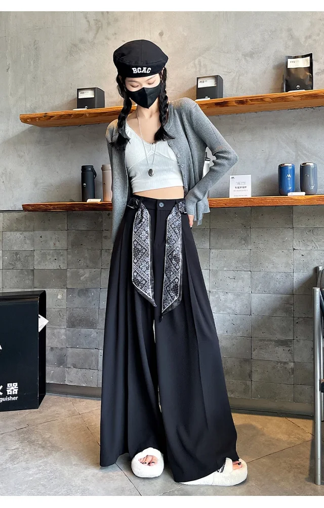 2025 Women's Silk-belted Drapey Wide-leg Pants Detail