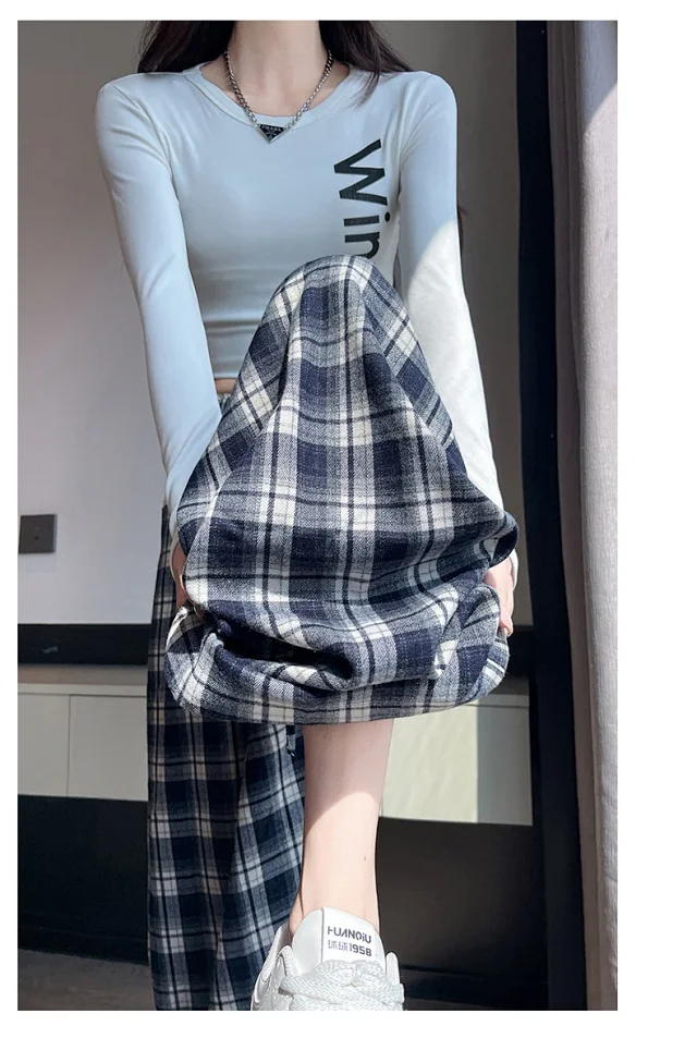 Lace Trim Plaid Wide-Leg Pants 2025 Fall Detail