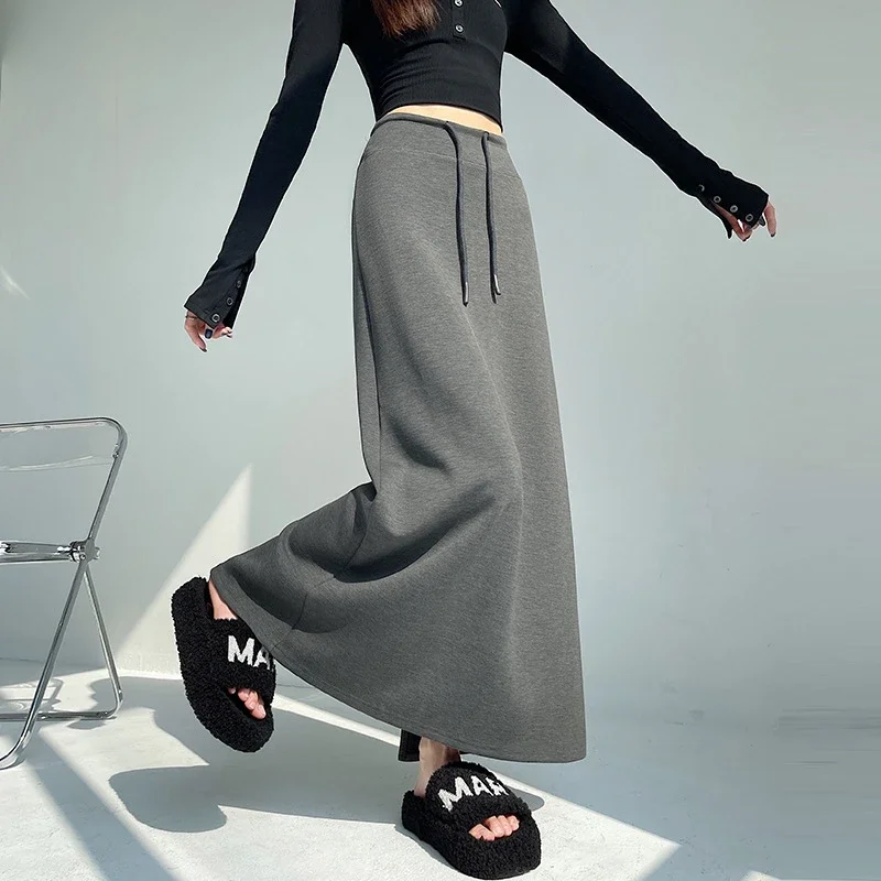25 Korean Style Autumn-Winter Casual Drawstring Elastic Waist A-line Midi Skirt with Slit