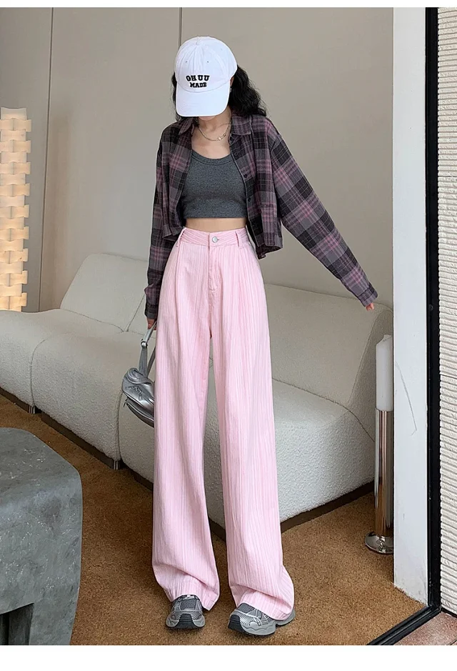 2025 Blue Striped Wide-Leg Pants for Pear-shaped Women Detail