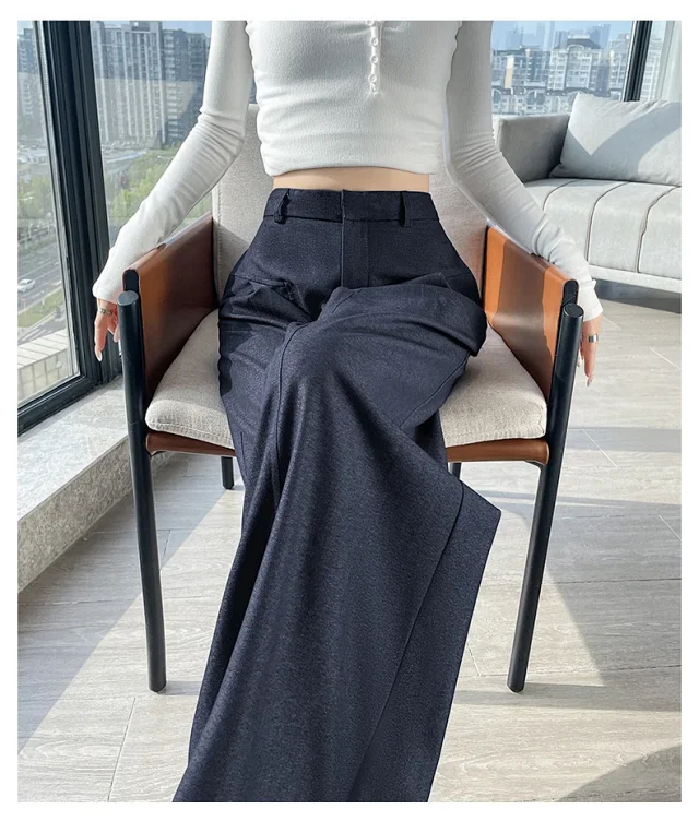 2025 Fall Old Money Style Navy Faux Denim Wide-Leg Pants for Women Detail