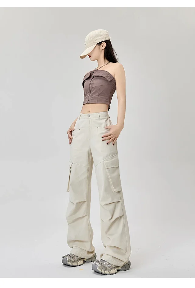 American Retro Pleated Multi-pocket Streetwear Cargo Pants Detail
