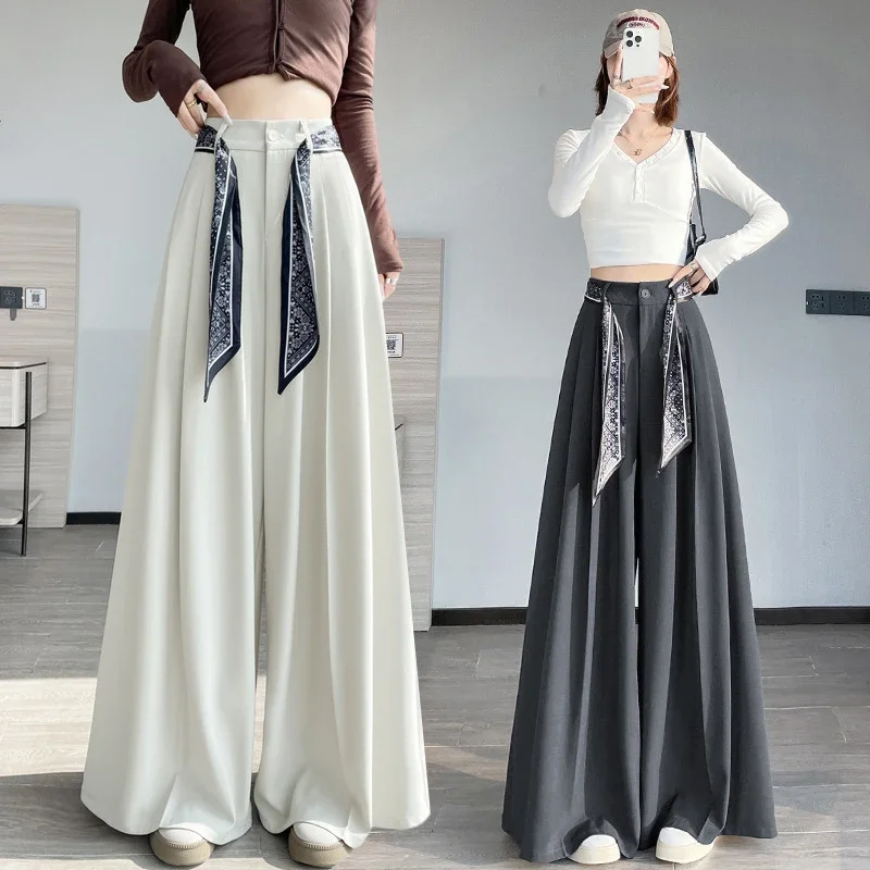 2025 New Women's Silk Belt Drapey Wide - Leg Pants