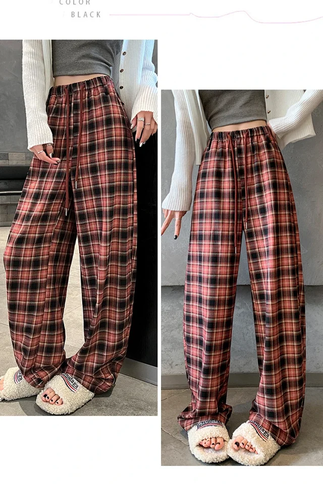 Women's 2025 Fall High-Waist Drawstring Plaid Pants Detail