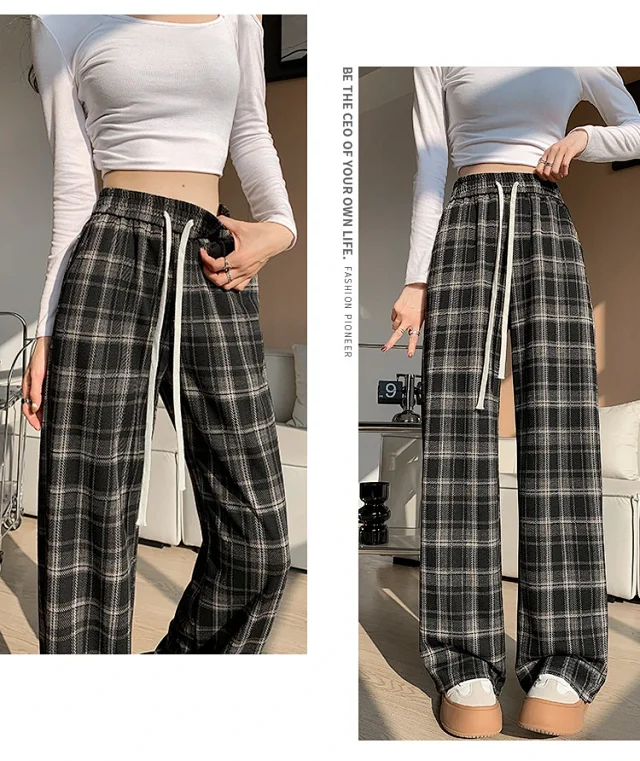 2025 Spring Maillard Plaid Wide-Leg Pants Detail