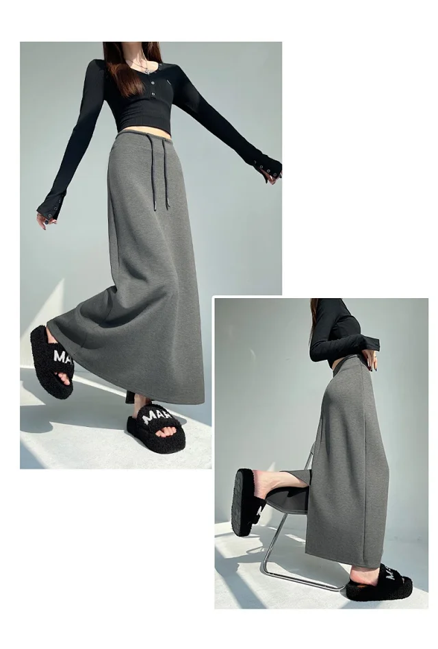 25 Korean Style Autumn-Winter Casual Drawstring Elastic Waist A-line Midi Skirt with Slit Detail