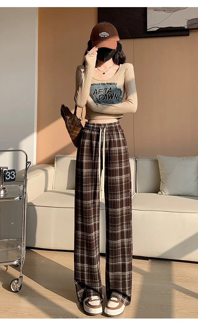2025 Spring Maillard Plaid Wide-Leg Pants Detail