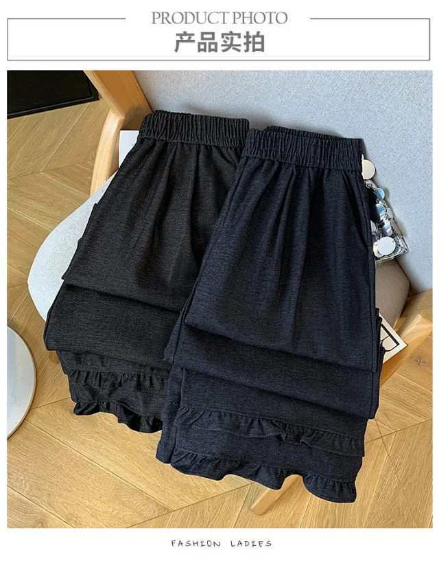 2025 Autumn New Thickened Tencel Denim Ruffle Trim Relaxed Fit Straight Cropped Pants for Women Detail