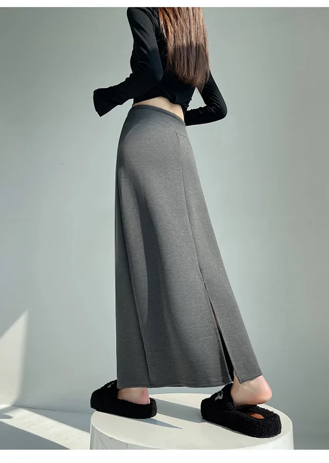25 Korean Style Autumn-Winter Casual Drawstring Elastic Waist A-line Midi Skirt with Slit Detail