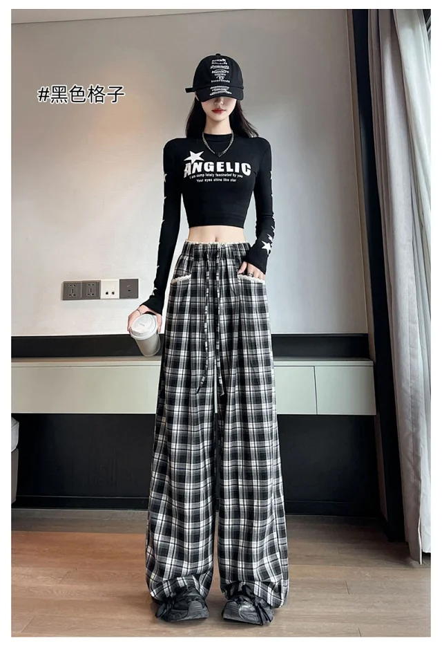 Lace Trim Plaid Wide-Leg Pants 2025 Fall Detail