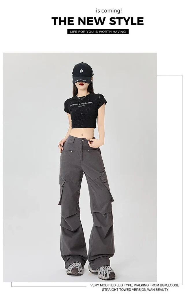 American Retro Pleated Multi-pocket Streetwear Cargo Pants Detail