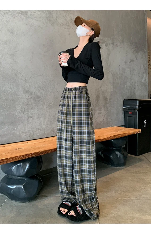 Women's 2025 Fall High-Waist Drawstring Plaid Pants Detail