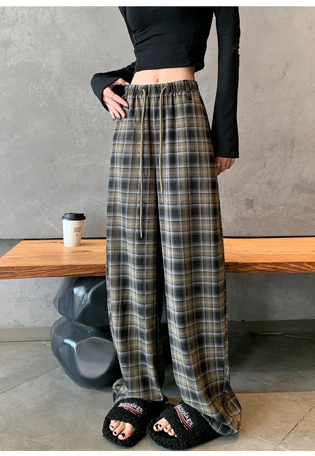 Women's 2025 Fall High-Waist Drawstring Plaid Pants Detail