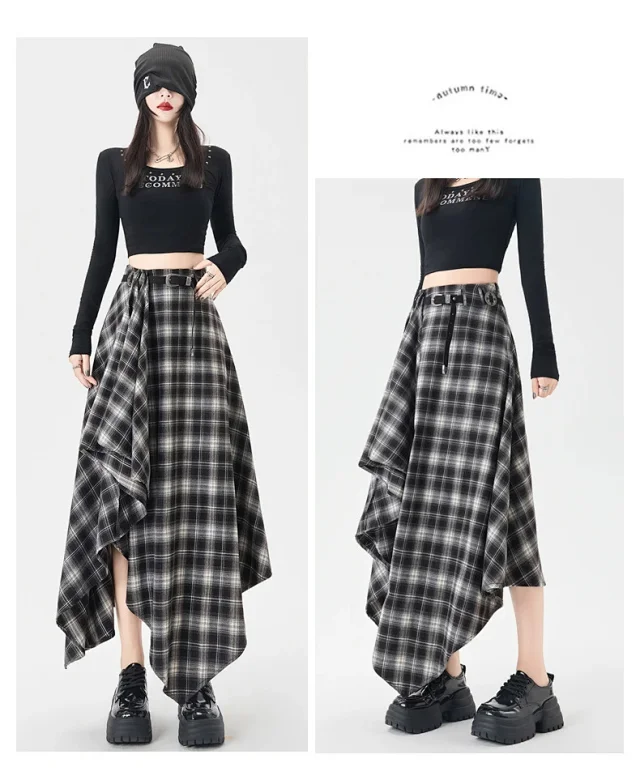 2025 Fall New Korean Black Plaid Irregular High-Waist Midi Skirt for Petite Cuties Detail