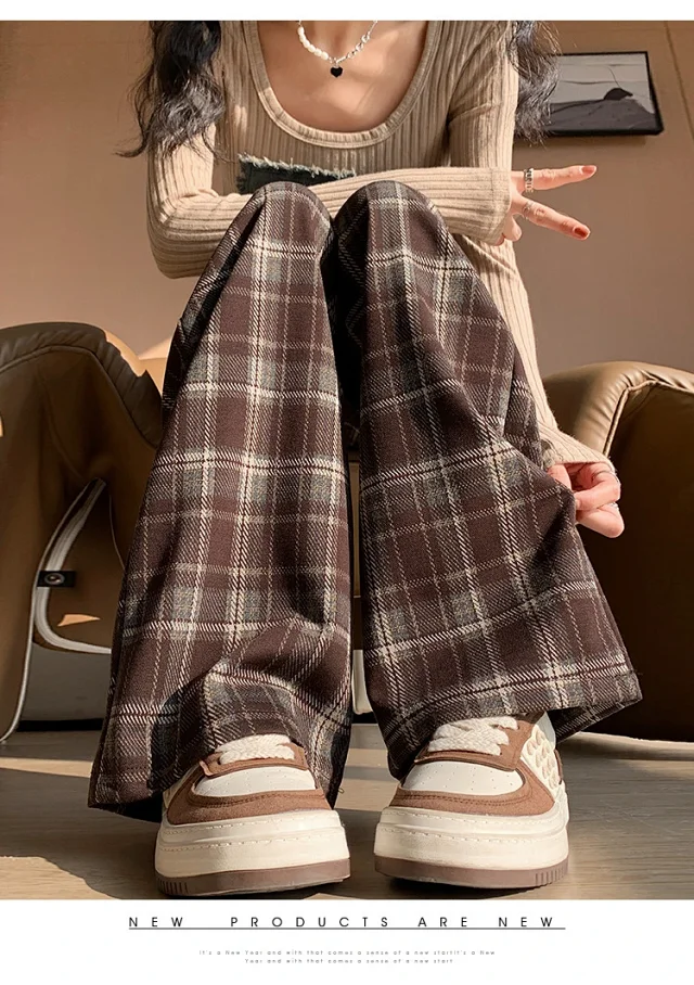 2025 Spring Maillard Plaid Wide-Leg Pants Detail