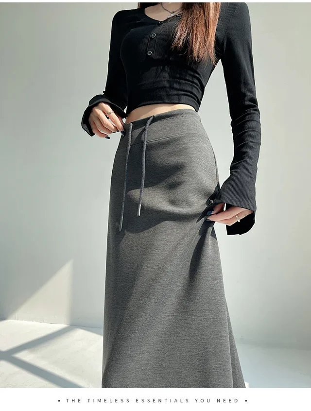 25 Korean Style Autumn-Winter Casual Drawstring Elastic Waist A-line Midi Skirt with Slit Detail