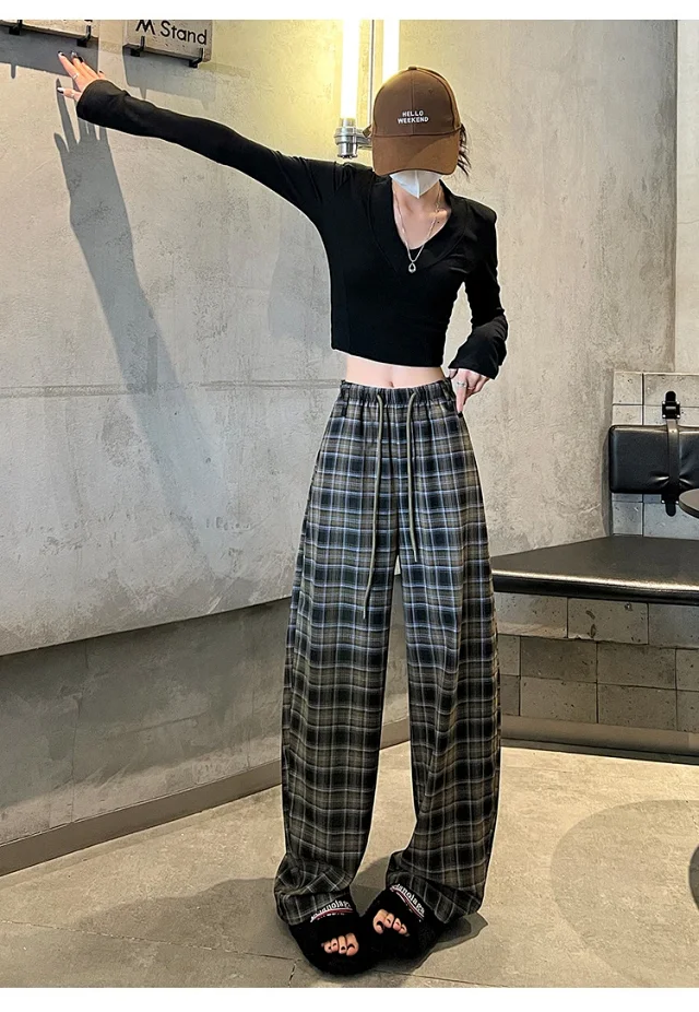 Women's 2025 Fall High-Waist Drawstring Plaid Pants Detail