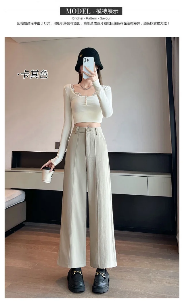 Women's 2025 Fall Washable Cotton Suit Wide - Leg Pants Detail