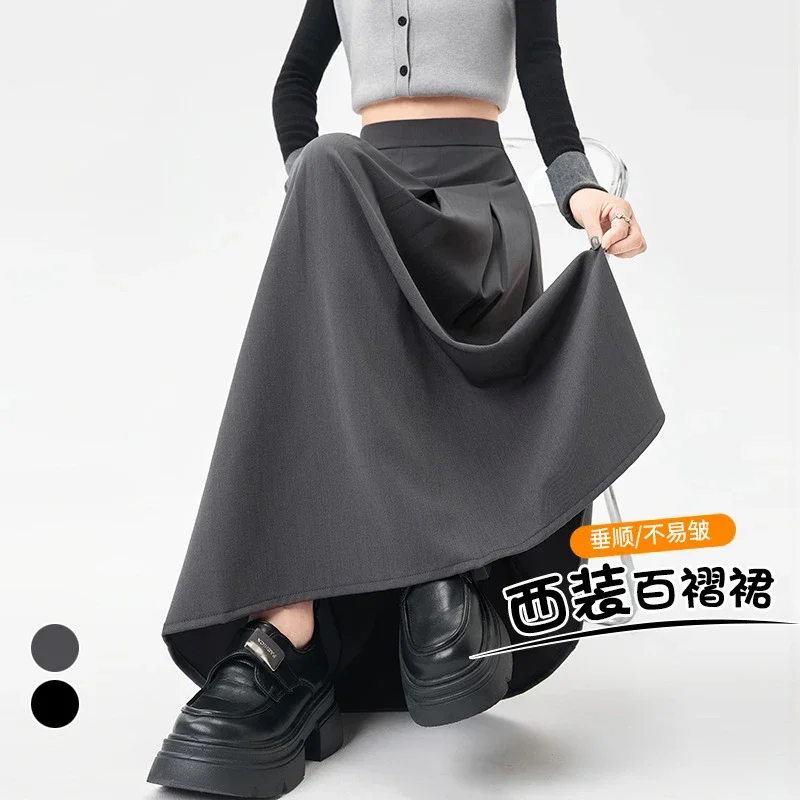 Women's Mid-Length Gray Suit Pleated Skirt
