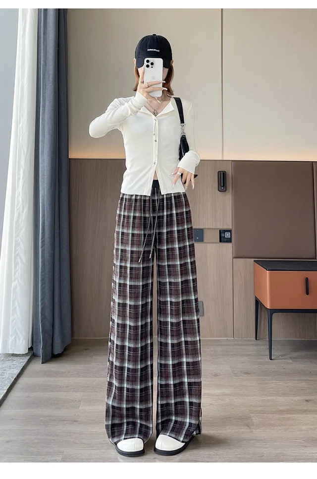 Women's Vintage Plaid Loose High-Waist Pants Detail