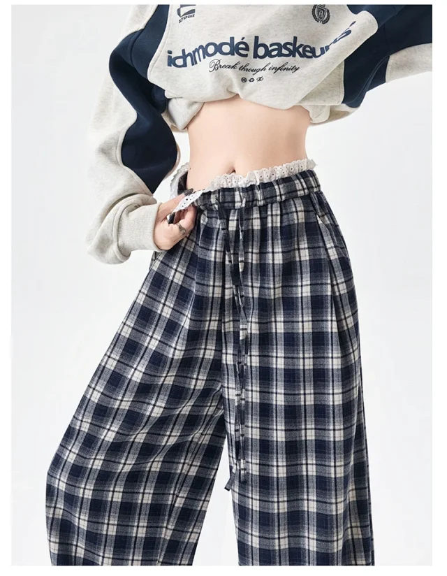 Lace Trimmed Plaid Wide-Leg Pants for Women Detail